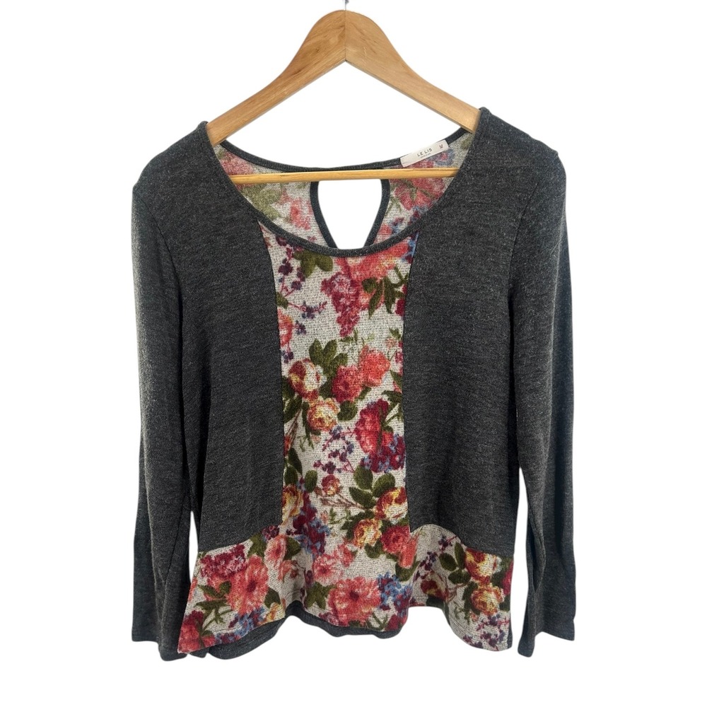 LE LIS Women Gray Floral Print Keyhole Back Long‎ Sleeve Peplum Top Size Small